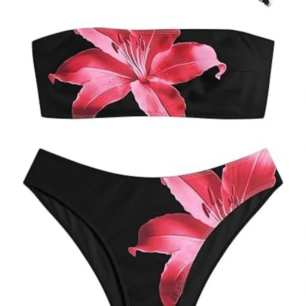Zaful Black and Pink Floral Bikini with detachable straps